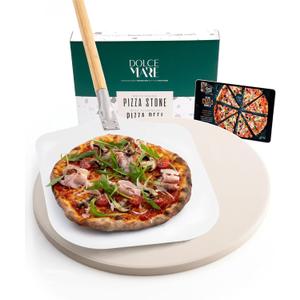 Round Pizza Stone - Cordierite Baking Stone for Oven & Grill - Includes Aluminum Pizza Slider & Free Accessories