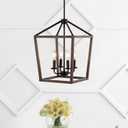 JONATHAN Y 13" Oil Rubbed Bronze/Faux Wood 4-Light Farmhouse Lantern Pendant Light, LED Cage Chandelier for Kitchen Island, Foyer, Entry, Metal Wood Finish Shade, Bulbs Included (JYL1322A)