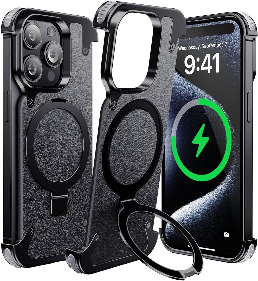 Frameless for iPhone 15 Plus Case,Compatible with Magsafe,Minimalist Shockproof Titanium Phone Shells,Magnetic Aluminum Leather Metal Case,Scratch Resistant Protective Case with Stand,Black