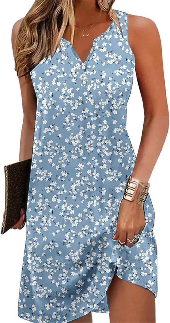 Ladlop Summer Dresses for Women 2026 Beach Loose Casual A Line Dress Sleeveless V-Neck Sundress with Pockets, S
