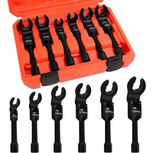 6PCS 3/8" Drive Long Flex Head Injector Fuel Line Socket Wrench Set, Crowfoot Flare Nut Socket Wrench Metric 12mm 14mm 16mm 17mm 18mm 19mm Hydraulic Lines Nuts Bolts Hand Removal Tool