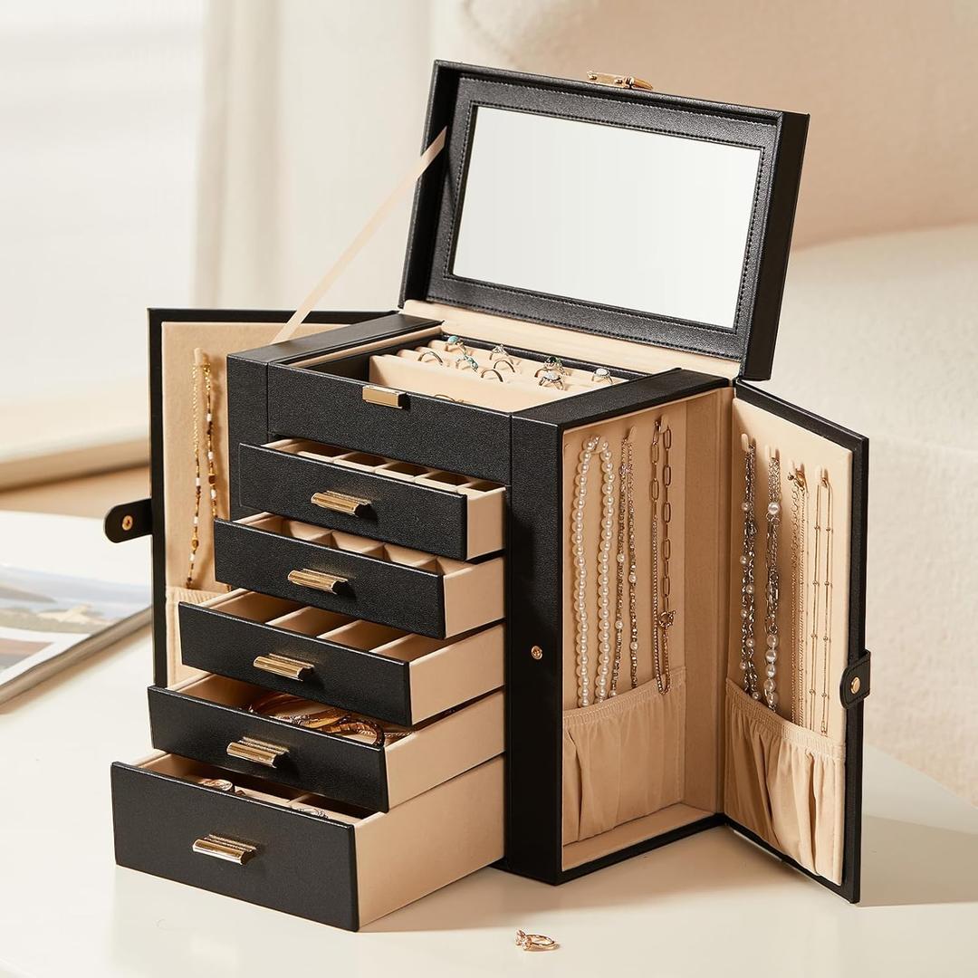 Large Leather Jewelry Box Organizer 6 layer Jewelry Storage Case for Women Girls Ring Necklace Earring Bracelet Holder with Mirror Valentine's Day Gift(Black)