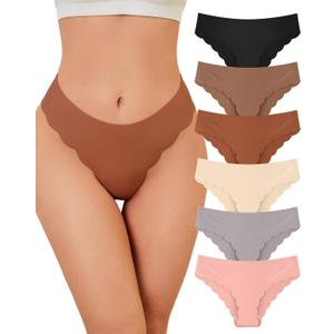 YSense Seamless Underwear for Women No Show Wave Low Hipster Invisibles Cheeky Underwear Sexy Bikini Panties 6 Pack (Medium, Black Caramel Reddish Brown Skin Tone Light Gray Coral)