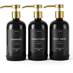 Shampoo and Conditioner Dispenser Set of 3,Refillable 21oz Shampoo Bottles with Non-Slip Protective Silicone Pad,Shower Soap Dispenser with Waterproof Labels for Bathroom (Black)