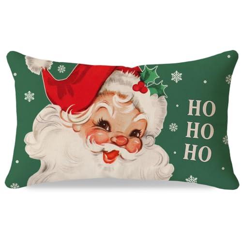 HERHOME Christmas Throw Pillow Cover 12x20 Inch, Vintage Santa Claus Snowflake Green Lumbar Decorative Cushion Case, Outdoor Xmas Winter Holiday Decoration for Sofa Couch Home Porch Decor
