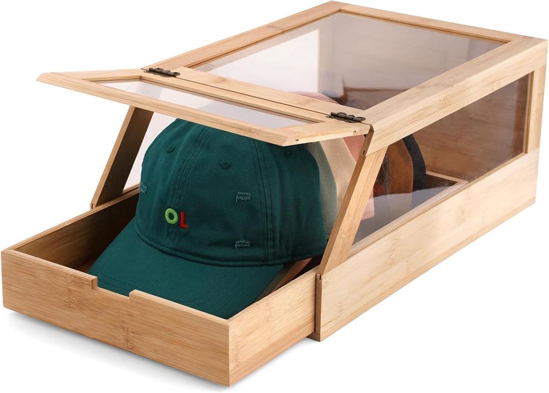 Wood Hat Organizer for Baseball Caps, Stackable Storage Box with Clear Lid, Pull-Out Drawer, Fits 12 Hats