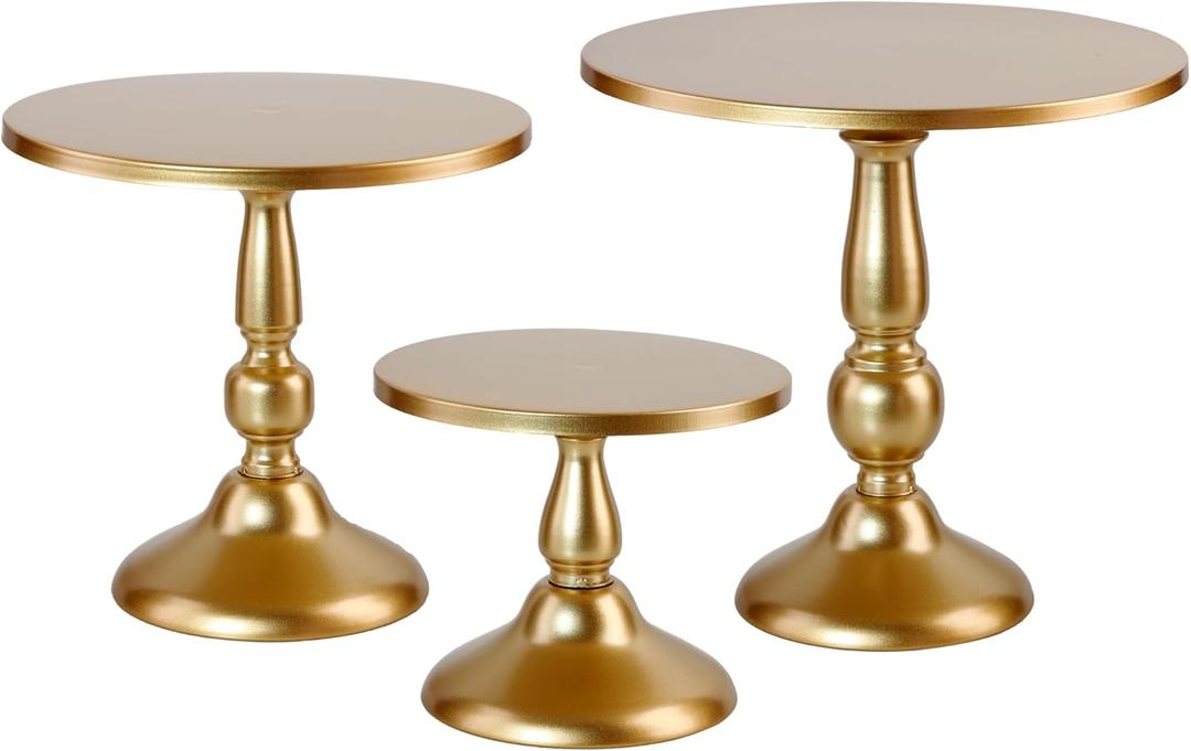 QENUIITEA Set of 3 Gold Cake Stands, Metal Round Cake Holder Dessert Pie Pizza Display Stand 8" 10" 12" Serving Tray Decoration for Wedding Celebration Party Birthday Baby Shower