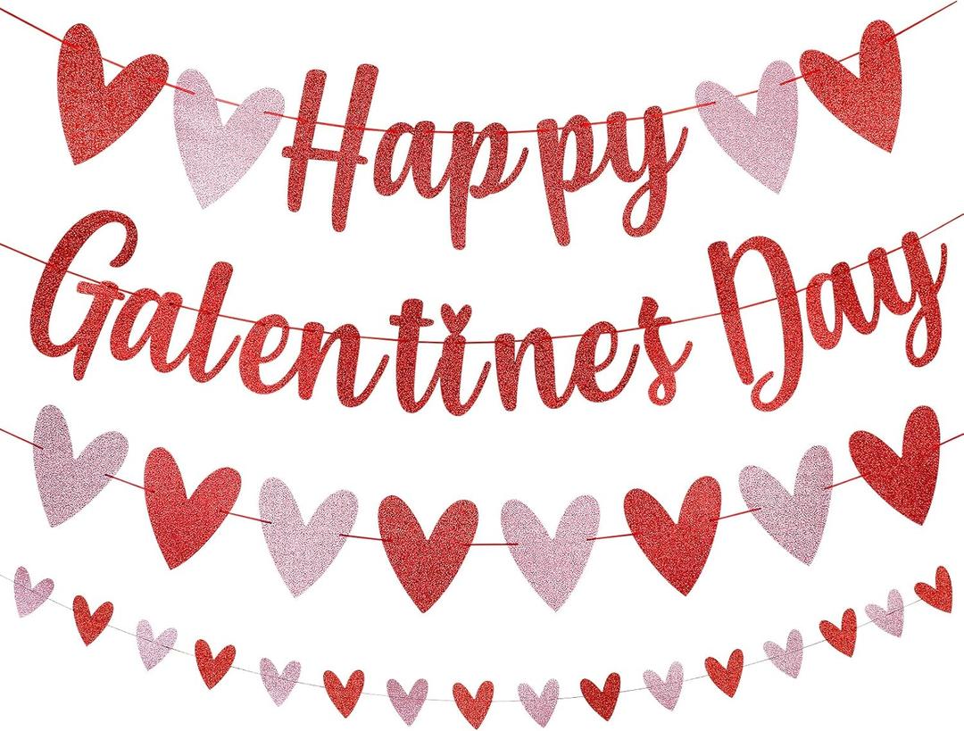 Red Glitter Happy Galentines Day Banner and Valentines Heart Banner Garland Decorations for Happy Galentines Day Banner Party Decorations