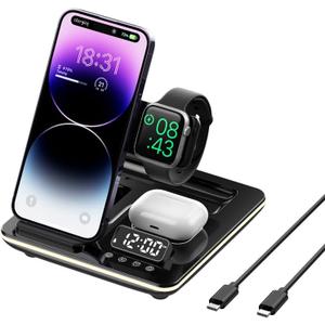 5 in-1 Wireless Charger Phone Charging Station Automatic Lifting Charging Stand Dock Fast Travel Charger for Multiple Devices Adapt with Phone, iWatch Series, AirPods 3/2 Black