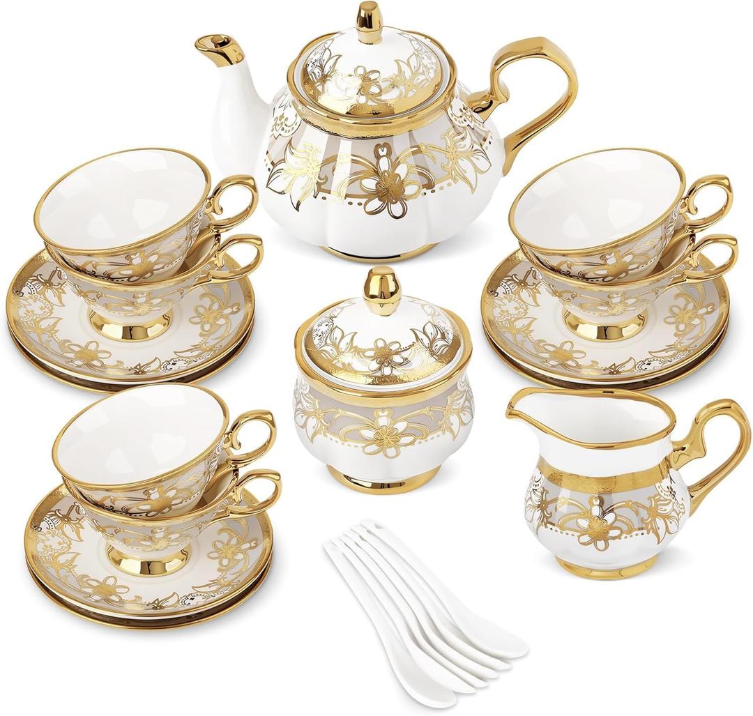 fanquare 21 Pieces Porcelain Tea Set with Sugar Bowl Creamer, Cup and Saucers for 6, Royal Floral Tea Service with Gold Trim for Party Wedding Birthday Gifting