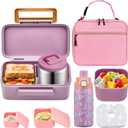 PIQUEBAR Bento Lunch Box for Kids with Thermo Ice Pack Lunch Food Container Insulated Bag, 18oz Plastic Sport Water Bottle for Kid Girls Boys (Pink Mermaid)