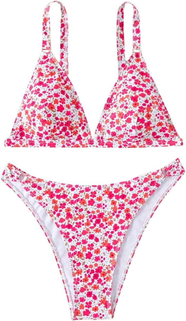 SOLY HUX Women's Floral Print Spaghetti Strap Bikini Bathing Suit 2 Piece Swimsuits Multicoloured Floral Large (Pink, L)