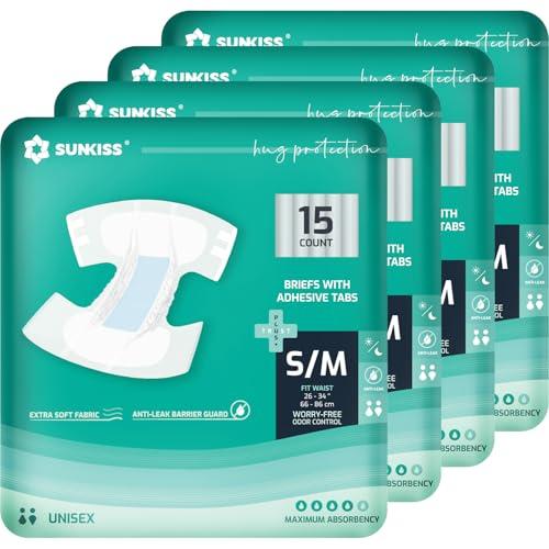 SUNKISS TrustPlus Adult Diapers with Maximum Absorbency, Disposable Incontinence Briefs with Tabs for Men and Women, Maximum Overnight Absorbency, Small/Medium, 60 Count (4 Packs of 15)