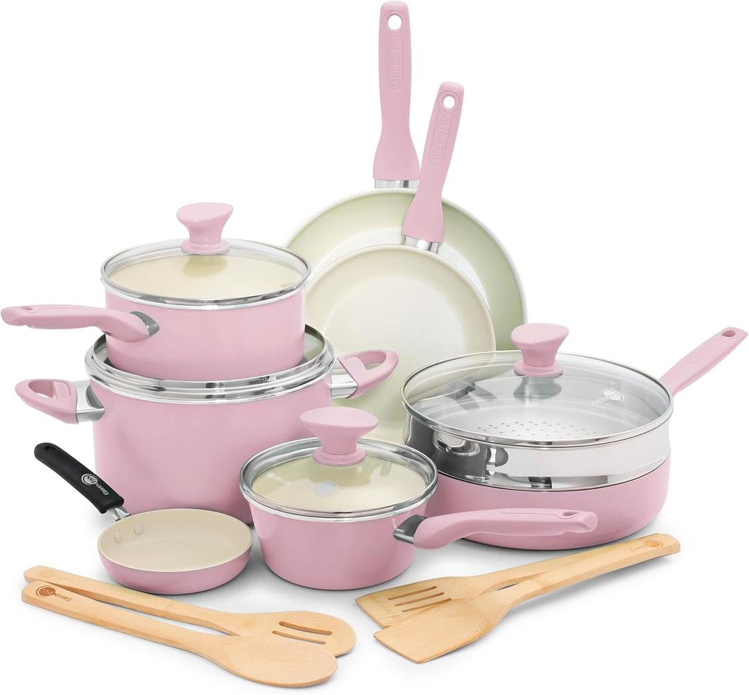 GreenPan Rio Healthy Ceramic Nonstick 16 Piece Cookware Pots and Pans Set, PFAS-Free, Dishwasher Safe, Pink