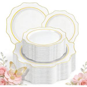 WDF 100PCS White and Gold Plastic Plates - Gold Disposable Plates - Include 50 Dinner & 50 Dessert Plate for Party - Heavy Duty Fancy Plastic Plate for Wedding/Bridal shower/Mother's Day