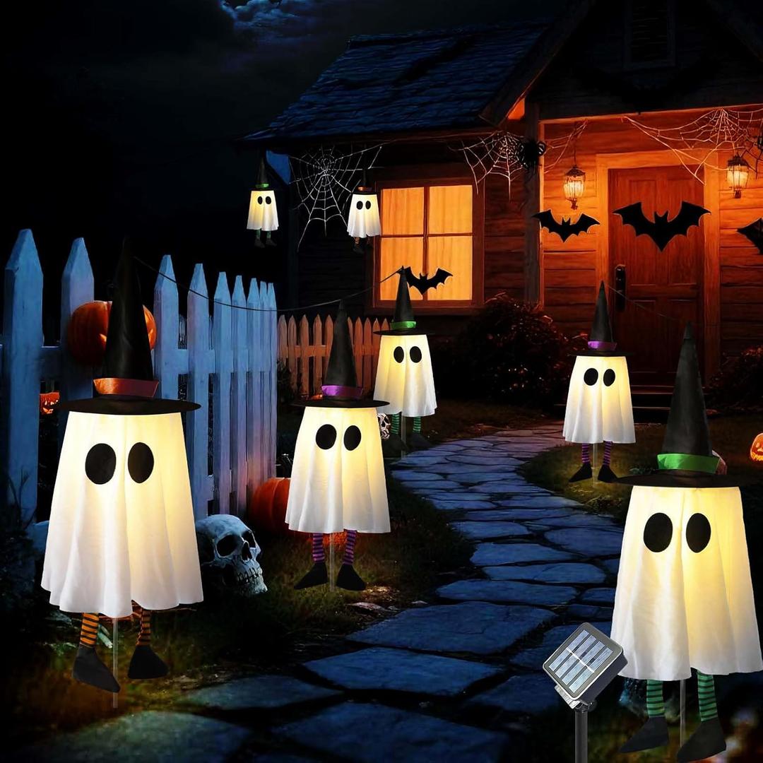 Solar Powerd Halloween Ghost Decorations Outdoor, Set of 3 Light Up Ghosts Kit with Witch Hats Cute Floating Front Yard Decor Hanging Glowing Led Lights Outside Tree Lawn Stake Pathway Patio Garden
