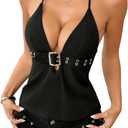 Verdusa Women's Punk Y2k Halter Top Grommet Eyelet Belted Rave Club Tie Backless Going Out Tops (Black)