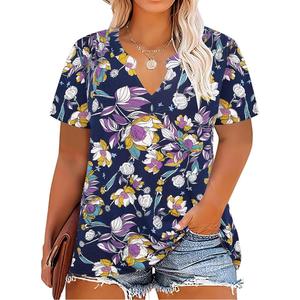 CARCOS Plus Size Tops for Women Summer Short Sleeve V Neck T Shirts Pleated Casual Business Tunic Blouses XL-5XL