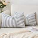 MIULEE Royal Blue and Beige Patchwork Farmhouse Pillow Covers 12x20 Inch, Pack of 2 Striped Linen Decorative Modern Accent Pillow Cases for Sofa Couch Bedroom