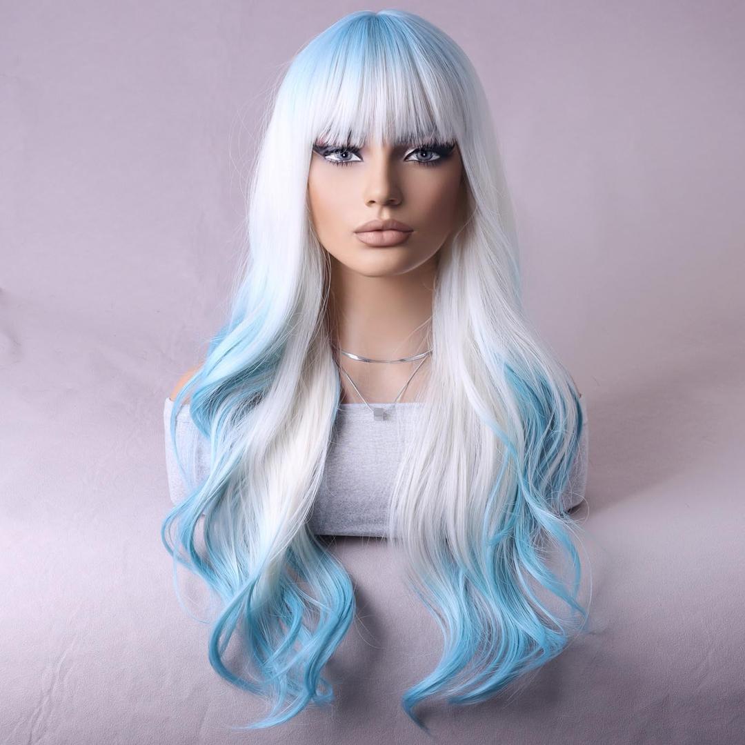 BERON Blue and White Long Wigs Curly Wavy Women's Wigs with Bangs Blue White Ombre Colorful Heat Resistant Synthetic Wigs for Cosplay or Daily Wigs Wig Cap Included