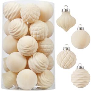 Wironlst Velvet Ornaments for Christmas Tree, 4 Style Flocked Matte Velvet Christmas Ball Ornaments, Shatterproof Decor for Xmas Tree Wedding Holiday Party Home (2.36" 25pcs Cream)