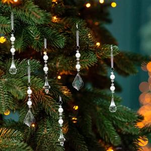 Bucherry 6 Pcs Christmas Pearl Ornament Crystal Glass Christmas Ornaments Hanging Ornaments Clear Drop Pendant Decorations for Xmas Tree Winter Party Supplies
