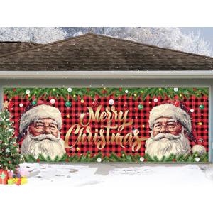 6x16FT Santa Claus Christmas Garage Door Banner Decor, Red and White, 72inx192in