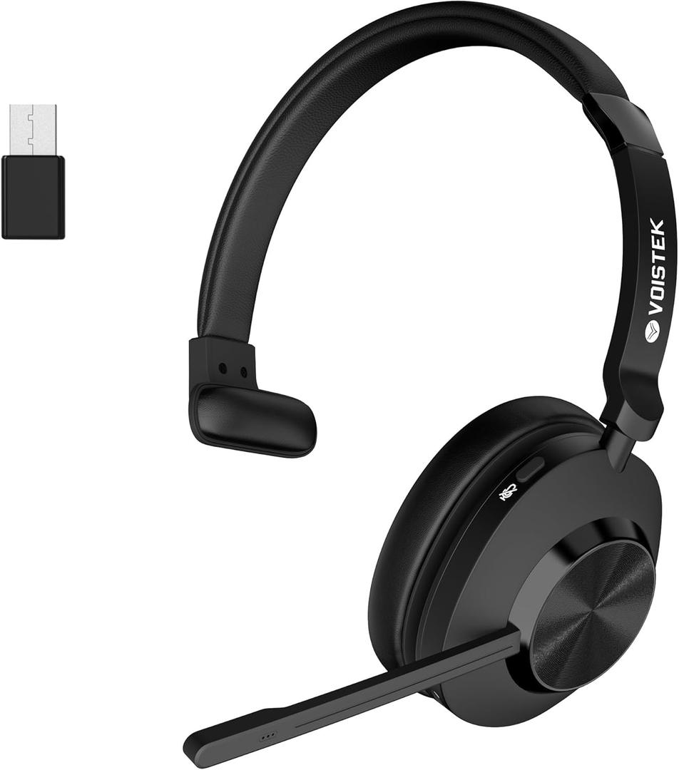 Voistek Wireless Headset with Mic for Work, Bluetooth Headset with Noise Cancelling Microphone for Call Center,USB Dongle, Clear Calls & Mic Mute for Work from Home/Office/PC/Laptop/Computer/Cellphone (Black)