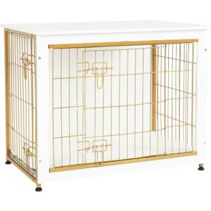 DWANTON Dog Crate Furniture with Cushion, Wooden Kennel Table with Double Doors, Indoor Dog House, Medium Size, 32.5" L, White
