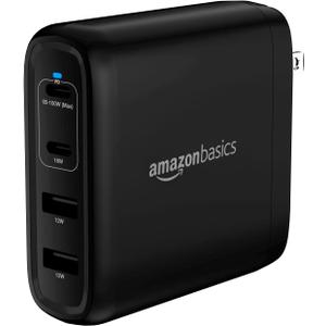 Amazon Basics 100W Four-Port GaN Wall Charger w/ 2 USB-C (100W,18W) & 2 USB-A Ports (12W) w/PD for Laptops, Tablets & Phones (iPhone 16/15/14/13/12/11/X, iPad, Mac, Samsung, and More), Non-PPS, Black