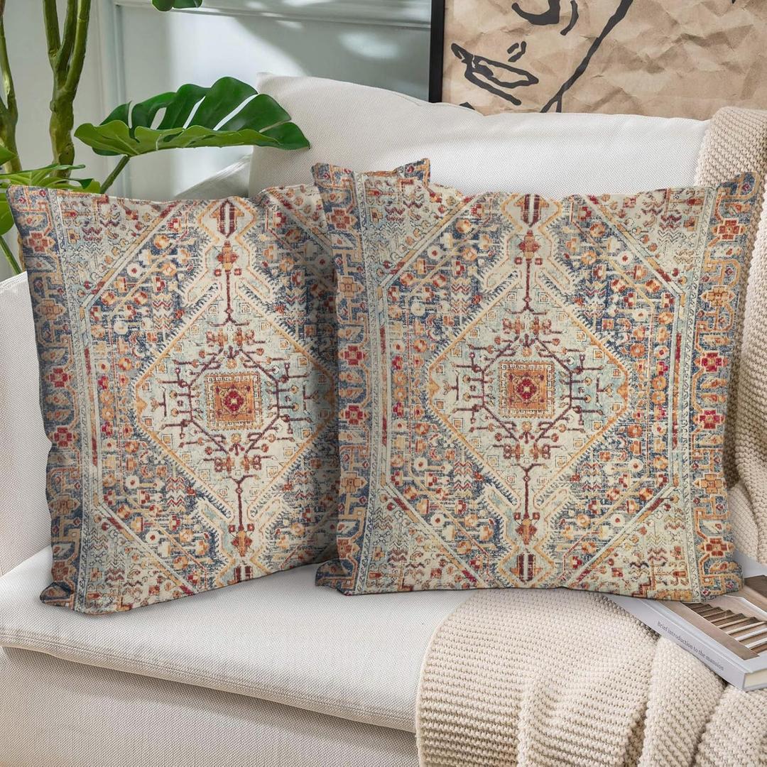 Boho Throw Pillow Covers 18x18 Inch Set of 2,Bohemian Vintage Carpet Pattern Antique Ethnic Decor Double Sided Pattern Cushion Cover Soft Pillow Case Living Sofa Room Bed Square Pillow Cover