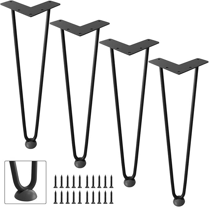 DonYoung Hairpin Legs 16", Coffee Table Legs Set of 4 Metal Furniture Legs, Mid Century Modern Style Table Legs for Nightstand Sofa Bench, Rubber Floor Protectors Included, Black