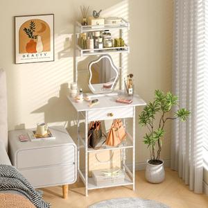 3IngSeagulls Small Vanity Desk Without Mirror, Makeup Vanity Table for Small Space, Compact White Dressing Table with Fabric Drawers, Makeup Vanity with Storage for Bedroom, White, 23.6inW