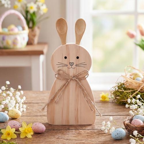 Novabright Easter Wooden Bunny Decoration Easter Rabbit Table Centerpiece 1 Set Farmhouse Bunny Spoon Rest with 2 Wooden Spoons Cute Rabbit Table Decor Stand Gift for Kitchen Counter Utensil Organizer