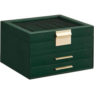 SONGMICS Jewelry Box Organizer with Glass Lid, 3-Layer Jewelry Storage, with 2 Drawers, Modern Style, 8 x 9.1 x 5.3 Inches, Forest Green and Gold Color UJBC239C01