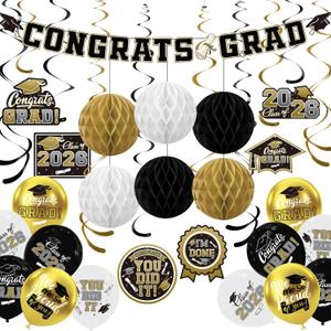 Black and Gold Graduation Party Supplies Kit - Grad Decor Set with Congrats Grad Banner, Class of 2026 Hanging Swirls, Graduation Balloons & Honeycomb Balls - for High School & College Celebrations