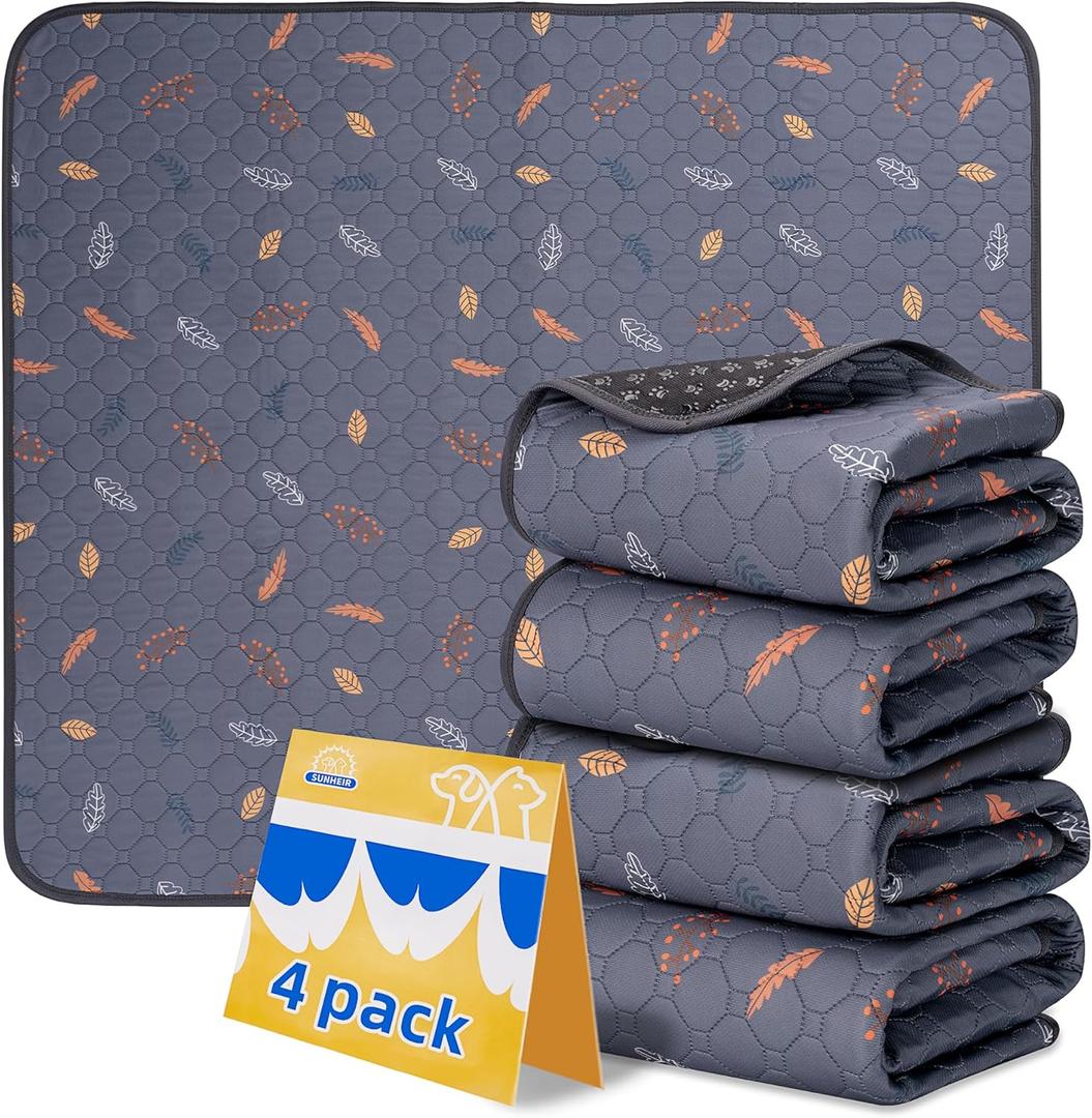 Sunheir Washable Pee Pads for Dogs 4-Pack Reusable Puppy Pads Pet Training Pads, Waterproof Dog Pee Pads for Crate, Whelping Pad, Non-Slip Protects Against Urine Leakage (Leaves - Deep Grey, 18x24)