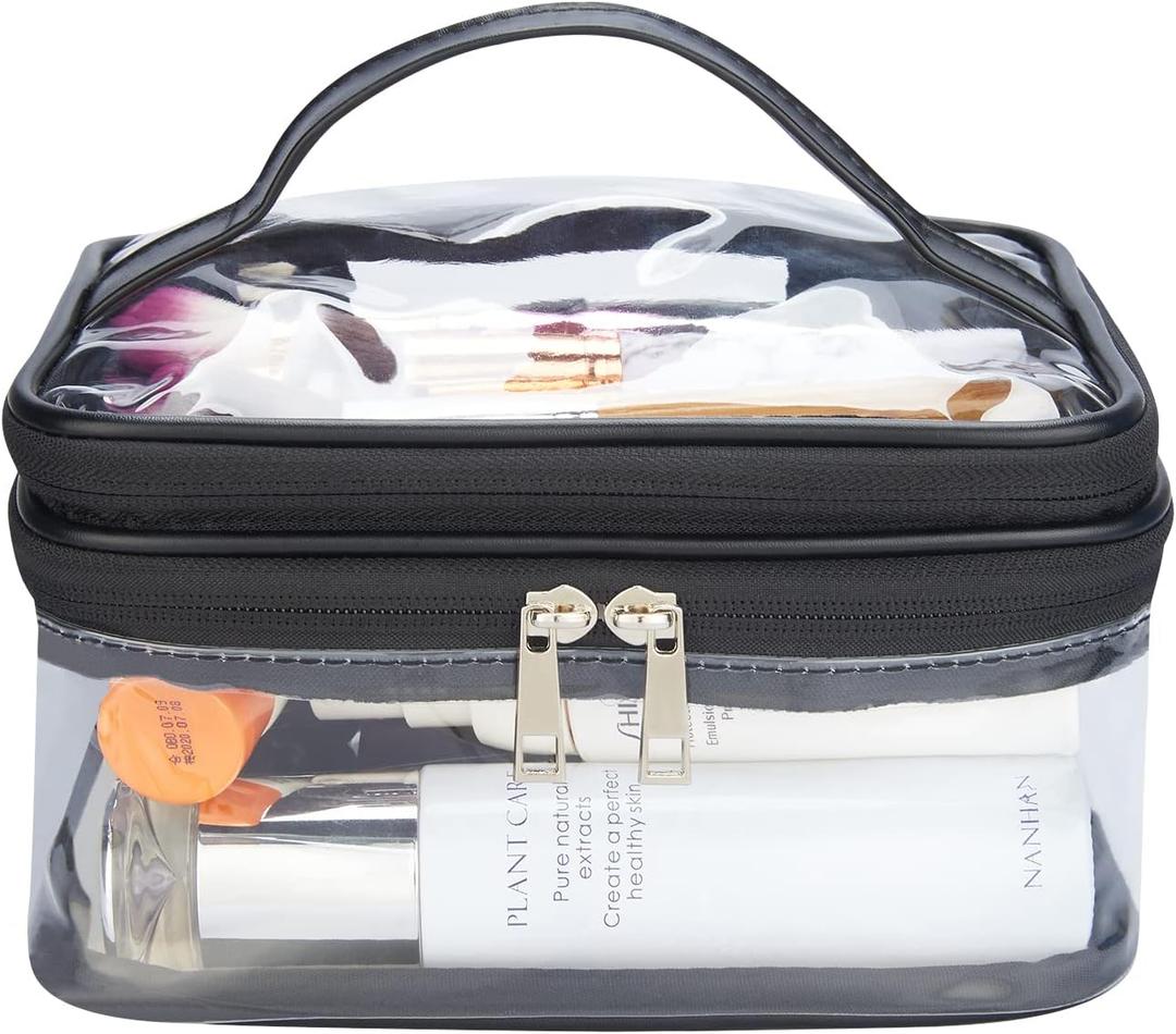 HAOGUAGUA Double Layer Clear Cosmetic Bag Makeup Bag, Waterproof Travel Toiletry Bag, Transparent PVC Hair & Nail Accessories Pouch Beach Bag Organizer (Black)