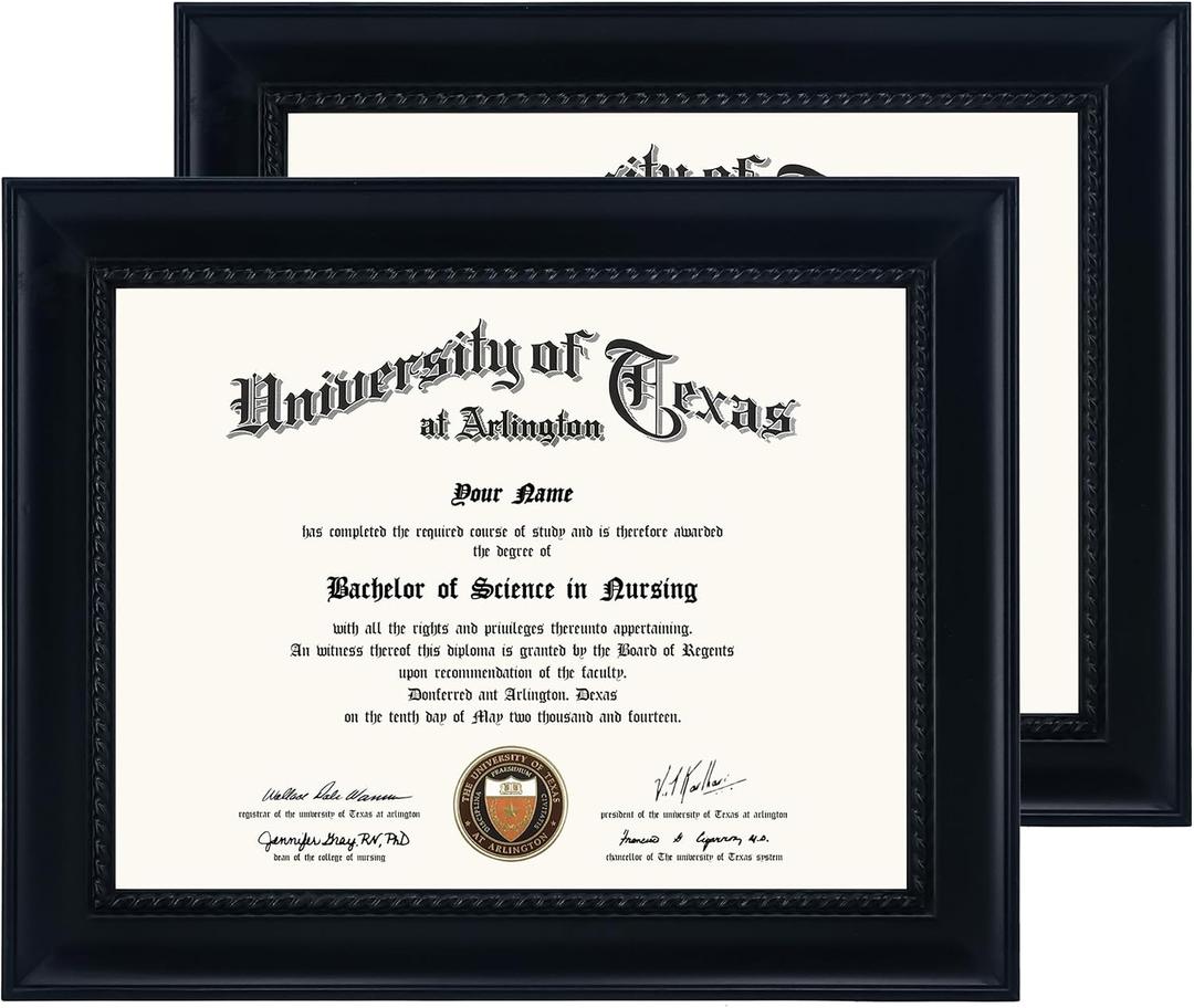 GMFrames Solid Wood Diploma Degree Frame for 8.5x11 Certificates,Black Finish with Intricate Black Rope Detail,UV Protection Acrylic,2 Pack