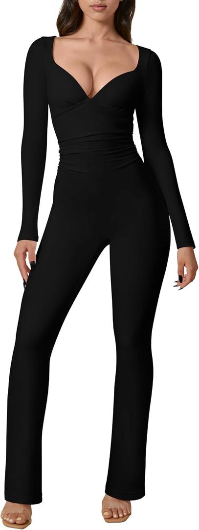 Women's Sexy Long Sleeve Bodycon Jumpsuit Tight Wide Leg Full Length Romper (Black)