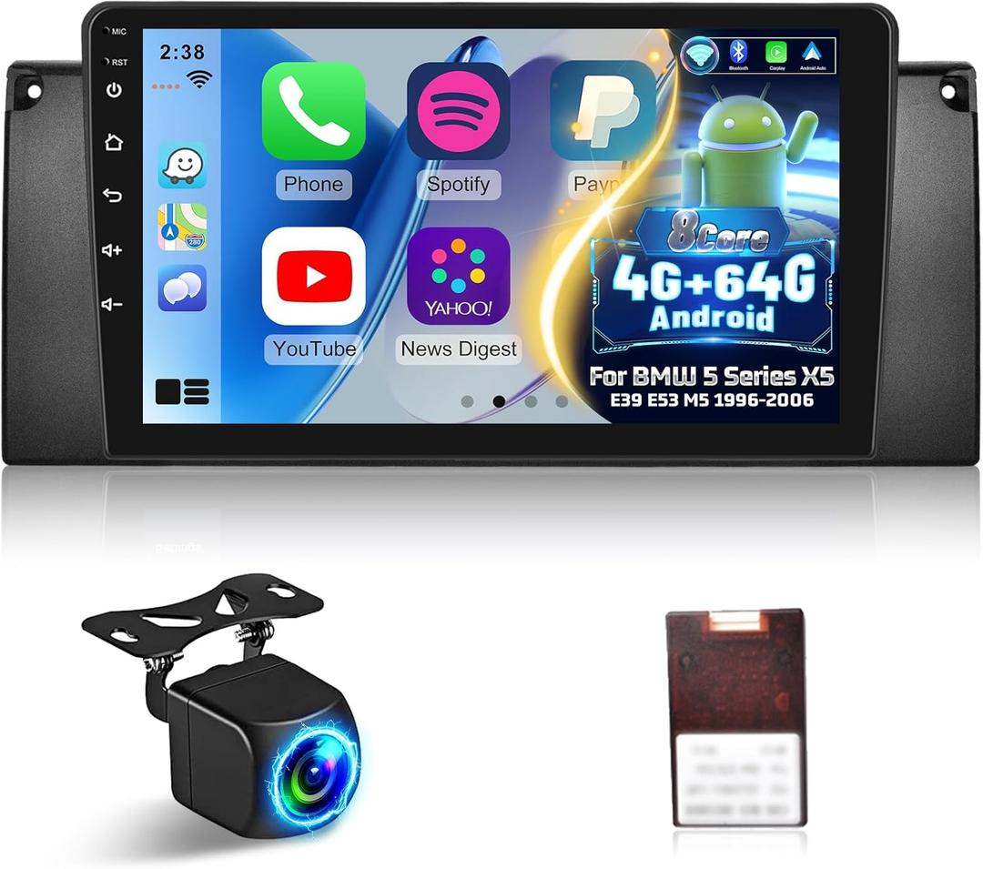 [Qualcomm 8 Core 4+64G] Car Radio for BMW 5 Series X5 E39 E53 M5 1996-2006 - Wireless Carplay and Android Auto - 9 Inch 1280*720 IPS Touchscreen Android 15 Car Stereo - DSP/GPS/SWC + AHD Backup Camera