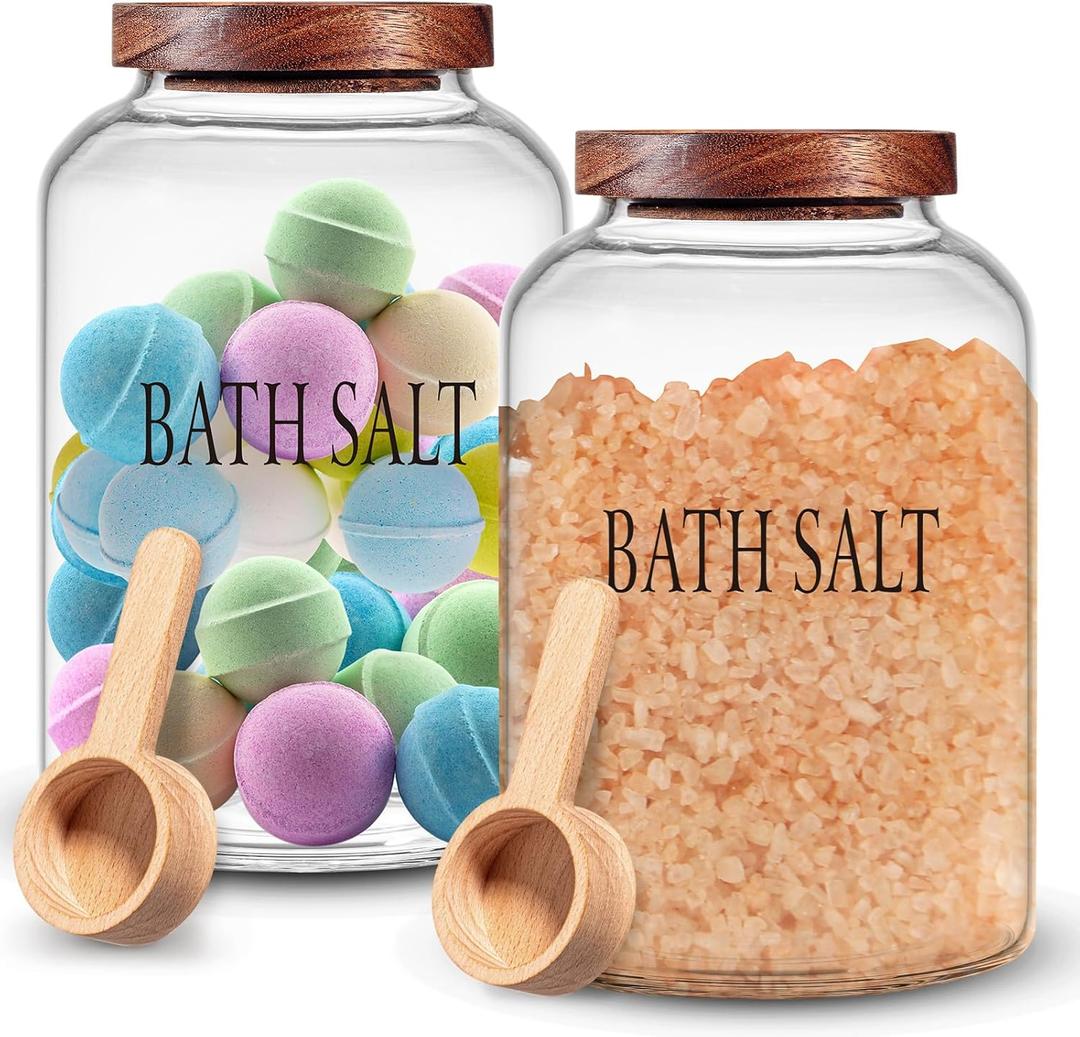 SiliFine 2 Sets 74 oz Large Bath Salt Container with Wooden Scoop for Glass Bath Salt Jar with Airtight Lid Storage Canister for Food, Flour, Sugar, Cookie, Kitchen