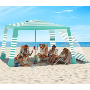 Rhino Valley Beach Cabana, 8 * 8FT Beach Tent UPF50+ Protection, Easy Setup Beach Canopy Wind Resistant with Cup Holder, Compact Beach Shade Foldable Beach Tent Sun Shelter, Green White