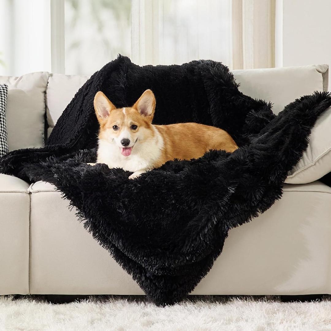 Bedsure Waterproof Dog Blankets for Large Dogs - Calming Cat Blanket for Couch Protector Washable, Long Faux Fur Pet Throw Blanket for Puppy, Reversible Furniture Protection, 40"x50", Black