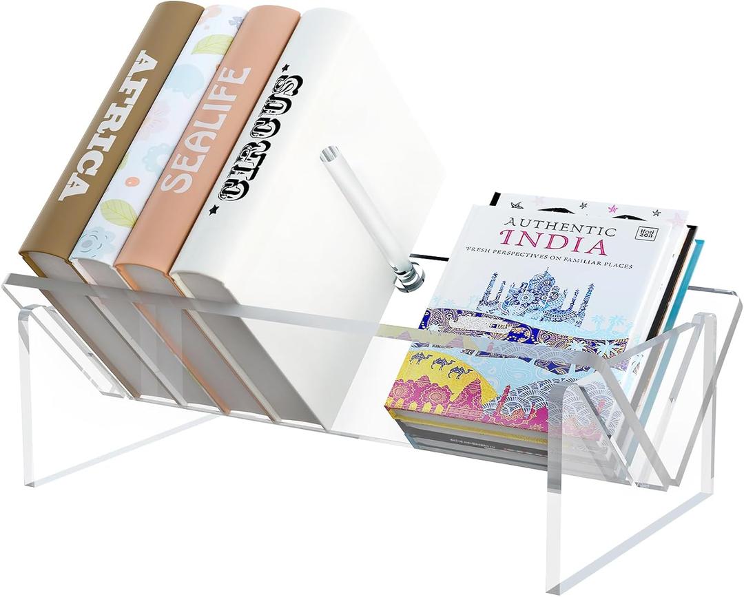 Clear Acrylic Small Bookshelf,Desk Bookcase for Kids Space-Saving Book Holder,Slanted Transparent Mini Book Storage Rack for Office Bedroom Living Room