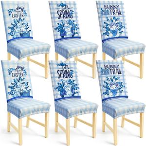 FuWeave Set of 6 Blue and White Chinoiserie Chair Covers, Easter Bunny Chair Back Covers Removable and Washable Cover for Room Dinning, Fits Most Standard Chairs