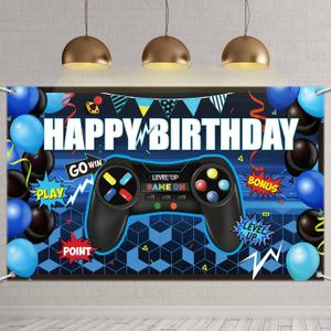 Blulu Video Game Happy Birthday Backdrop Game on Birthday Banner Level up Gaming Theme Party Background Photo Props for Party Wall Decorations Supplies(Blue)