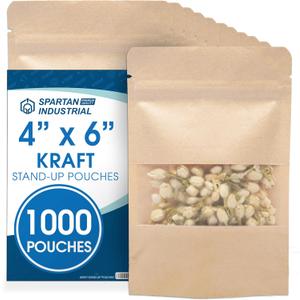 Spartan Industrial - 4" X 6" Kraft Paper Resealable Stand-Up Pouches - Pack of 1000 Small Smell-Proof Storage Pouches for Food Packaging, Pet Treats, Cosmetics, and More