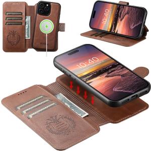 Leather Flip Wallet Case for iPhone 16 Pro Max - 2-in-1, Detachable Magnetic Cover with Built-in Stand, MagSafe Wireless Charging Compatibility, Card Slots, Kickstand, Shockproof Design (Brown)
