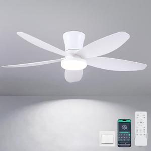 42" Ceiling Fans with Lights-Low Profile Ceiling Fan with Light and Remote/APP Control,Flush Mount,DC Reversible,LED Dimmable Modern Ceiling Fans for Bedroom,Indoor/Outdoor Patio Use (White)